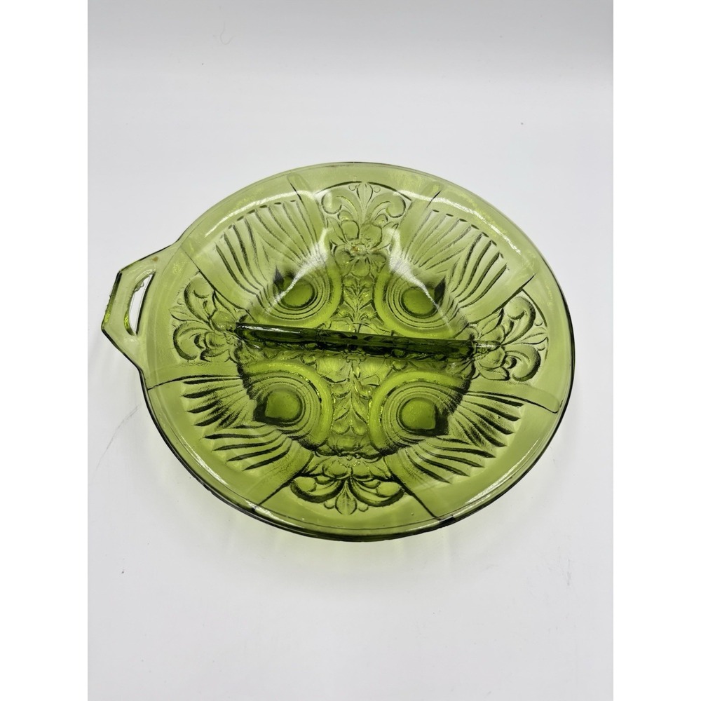 VTG Indiana Glass Killarney Green Pressed Glass 2 Part Green Relish Tray Ashtray